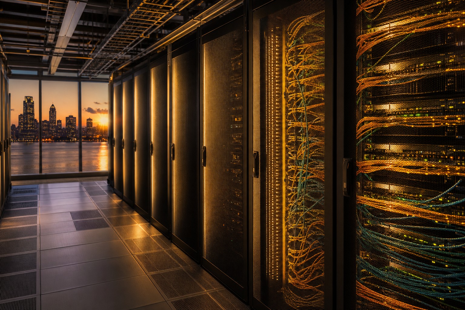 Gros plan de baies serveurs dans un datacenter.